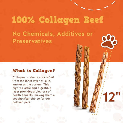 Jack&Pup 12" Braided Beef Collagen Sticks for Dogs - Rawhide Free Dog Chews Long Lasting Collagen Chews for Dogs - Bully Sticks Alternative (1 Pack)