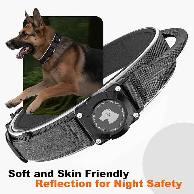2025 New and Improved AirTag Dog Collar, Military Tactical Dog Collar with AirTag Holder - Adjustable Control Handle, Durable Metal Buckle, Comfortable GPS Dog Collars (M, Black)