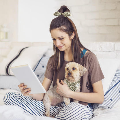 E-Clover Dog Bandanas & Matching Scrunchie Set Leopard Dog Bandana Bibs Washable Kerchief Scarf for Puppy Small Dogs & Owner