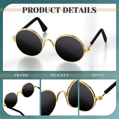 Dog Sunglasses Retro Pet Glasses Doll Glasses Classic Round Dog Glasses Metal Cat Puppy Eye Wear Hippie Costumes for Cats and Dogs, Photos Props Cosplay Party Costume (Gold, Black,Classic Style)