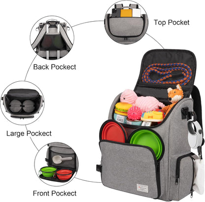 Modoker Dog Travel Bag Backpack, Airline Approved Pet Accessories Organizer for Dog and Cat with Shoulder Strap, 2 Dog Food Storage Containers, 2 Collapsible Dog Bowls,1 Pet Mat, Grey - Pawvie