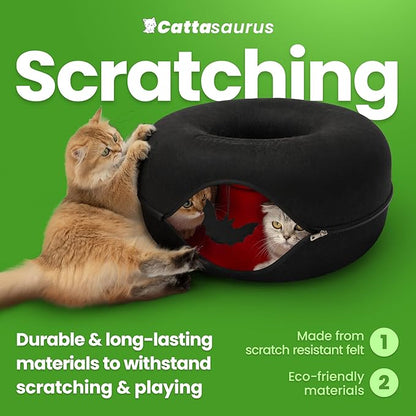 Cattasaurus Unique Gothic Peekaboo Cat Cave for Multiple & Large Cats Up to 30-45 Lbs, Scratch Detachable & Washable Tunnel Bed, Comfy Donut Cat Cave (Gothic Bat, Large)