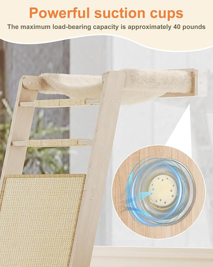 Cat Window Perch with Scratching Pad, 51'' Climbing Tree Include Hammock Cat Ladder with 2 Suction Cups for Sleeping, Playing and Watching Bird