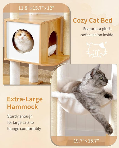 Heybly Cat Tree, 70.5 Inch Wood Tall Cat Tower for Large Indoor Cats with Extra Stable Structure, Modern Cat Furniture with All-Sisal Scratching Posts, Cat Condo & Hammocks, Walnut HCT121WB