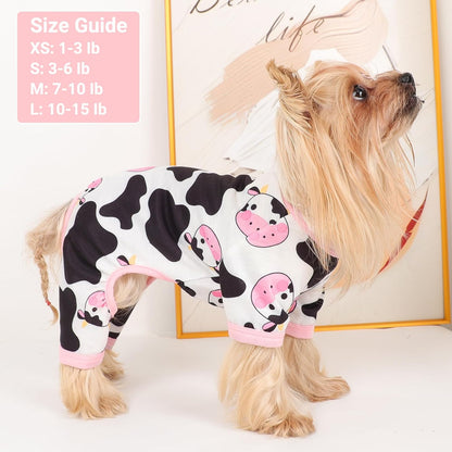 Dog Pajamas Small Sized Dogs Stretchable Summer Dog Clothes Pjs 4 Legs Girl Boy Cute Soft Puppy Outfits Doggie Cat Jammies Jumpsuit Sleeper for Pet, Pink Cow, S