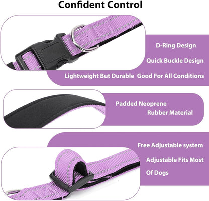 Reflective Dog Collar Padded with Soft Neoprene Breathable Quick Release Basic Dog Collars for Medium Large Dogs Lavender