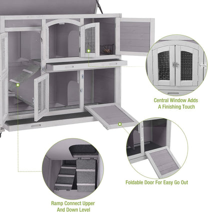 GUTINNEEN Guinea Pig Cage 2 Story Indoor Rabbit Hutch Outdoor Bunny House with Wheels and Leakproof Tray 47" L