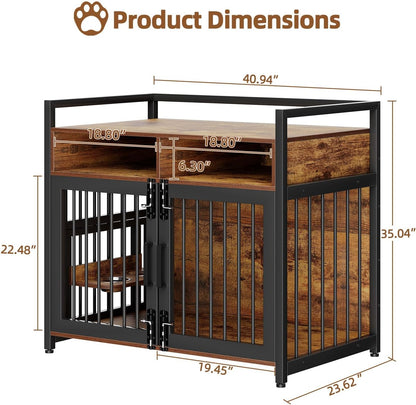 Large Dog Crate Furniture, 41 Inch Wooden Dog Crate, Heavy Duty Dogs Kennel with 2 Drawers Storage, 360° Adjustable Raised Feeder, Indoor Dogs House End Table