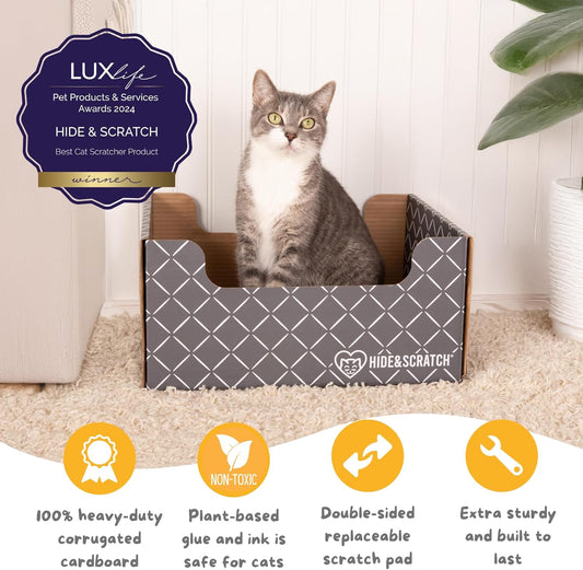 HIDE & SCRATCH Cat Scratcher Box and Cat Bed with Refillable Double-Sided Cardboard Scratch Pad for Indoor Cats