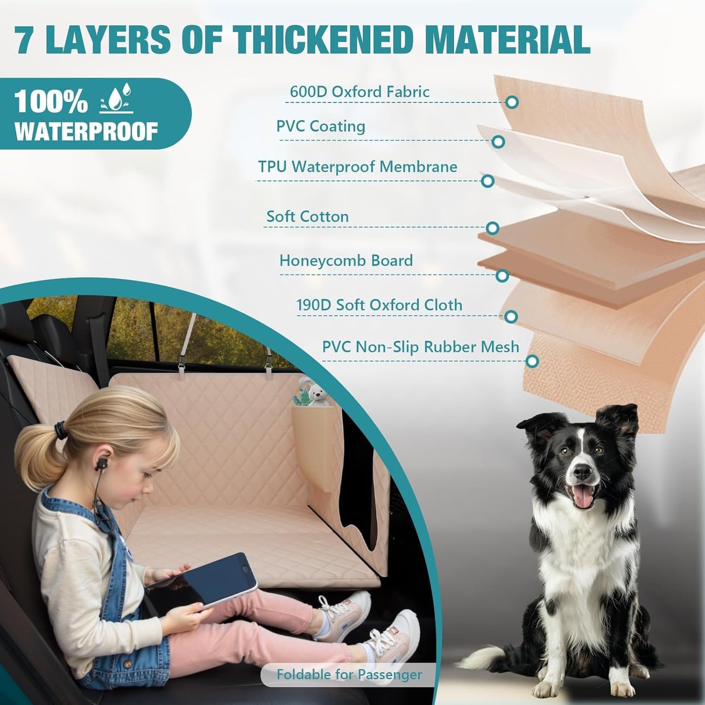 Waterproof Dog Car Seat Cover for Back Seat – Heavy Duty Back Seat Extender for Dogs with Hard Bottom, 7-Layer Protection, Non-Slip & Scratchproof, Easy to Install (Beige) - Pawvie