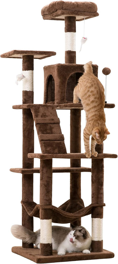MWPO 63.8 inches Multi-Level Cat Tree for Large Cats with Sisal-Covered Scratching Posts, Padded Platform, Hammock and Condo,Stable Cat Tower Cat Condo Pet Play House (Brown)
