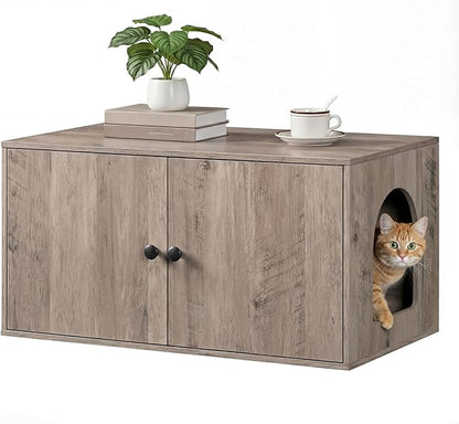 HOOBRO Cat Litter Box Enclosure, Hidden Litter Box Furniture with Side Entry, Litter Box Cabinet, Indoor Cat House, End Side Table, 31.5"L x 17.7"W x 16.3"H, for Living Room, Bathroom, Greige BG40MW01