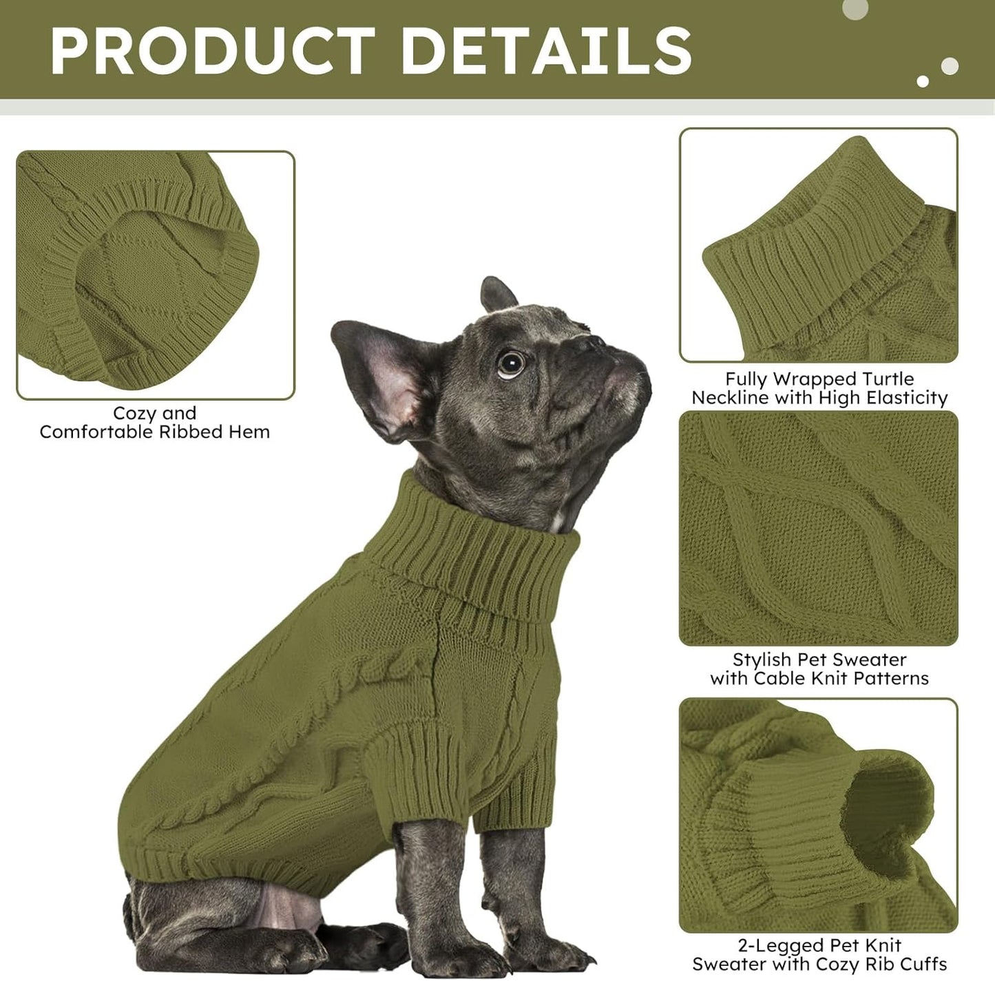 Queenmore Small Dog Pullover Sweater, Cold Weather Cable Knitwear, Classic Turtleneck Thick Warm Clothes for Chihuahua, Bulldog, Dachshund, Pugl,OliveGreen,M