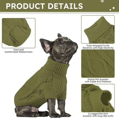 Queenmore Small Dog Pullover Sweater, Cold Weather Cable Knitwear, Classic Turtleneck Thick Warm Clothes for Chihuahua, Bulldog, Dachshund, Pugl,OliveGreen,M