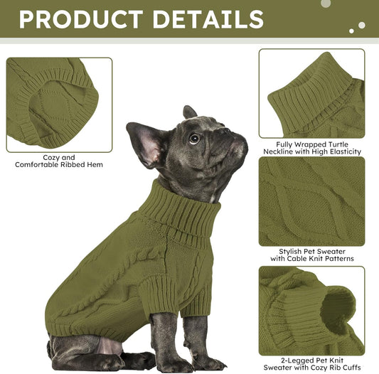 Queenmore Small Dog Pullover Sweater, Cold Weather Cable Knitwear, Classic Turtleneck Thick Warm Clothes for Chihuahua, Bulldog, Dachshund, Pugl,OliveGreen,XXL