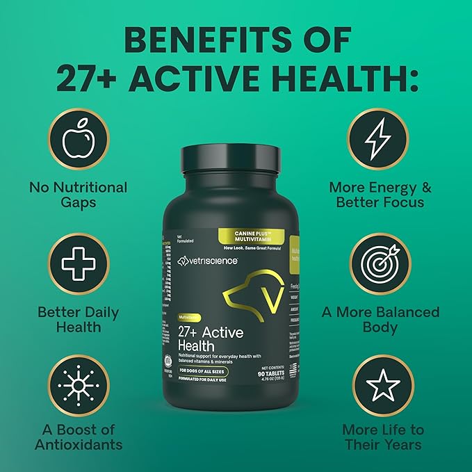 VetriScience 27+ Active Health Chewable Tablets, Canine Plus Daily Multivitamin for Puppies and Adult Dogs, Balanced Vitamins, Minerals and Antioxidants, Wellness Support, Duck, 90 Count