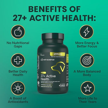 VetriScience 27+ Active Health Chewable Tablets, Canine Plus Daily Multivitamin for Puppies and Adult Dogs, Balanced Vitamins, Minerals and Antioxidants, Wellness Support, Duck, 90 Count