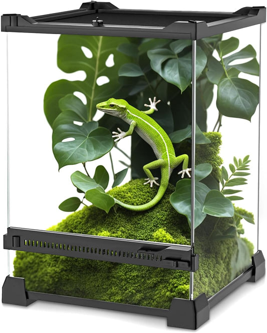 Mini Reptile Glass Terrarium 8"x8"x12" Durable Reptile Habitat Tank with Heat Resistant Aluminum Alloy Frame, Single Swinging Doors for no Jam by Sand and Other Debris - Pawvie
