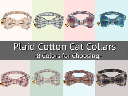 2 Pack Soft Cotton Cat Collars with Bowtie and Bell Breakaway Plaid Cat Kitten Collar(Beige and Amber)