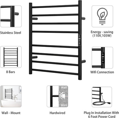 KEG Smart WiFi Towel Warmer Wall Mounted with Built-in Timer and Temperature Adjust Control, 8 Bars Electric Stainless Steel Heated Towel Racks for Bathroom Black
