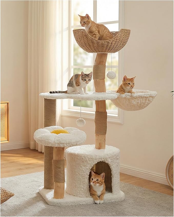PEQULTI 48.5'' Modern Cat Tree for Large Indoor Cats Solid Wood Cat Tower with Luxury Cat Condo, Cozy Hammock, Scratching Post, Rattan Perch and Flower Cat Bed, White