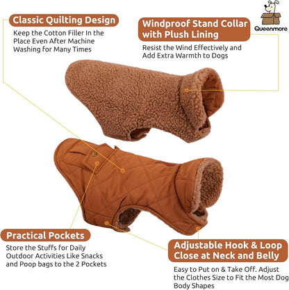 Queenmore Warm Puffer Dog Jacket, Ultra Thick Plush Lining with Storage Pockets (Brown, X-Small)
