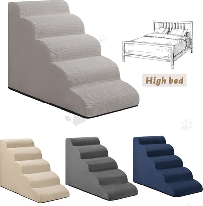5-Step Dog Stairs and Ramp for High Bed, Non-Slip Sturdy Pet Steps for Small Dogs and Cats,22.2" H,Light Grey
