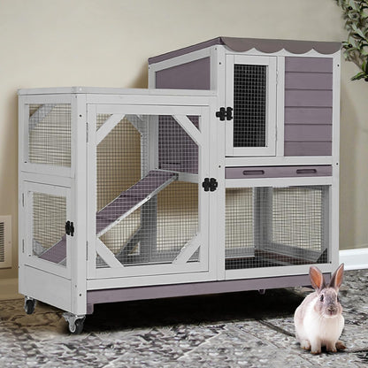 GUTINNEEN 2-Story Rabbit Hutch Indoor Bunny Cage Outdoor Guinea Pig House Wooden Small Animal Cage with Chew-Proof Ramp, Leak-Proof Tray, Lockable Wheels for 2-4 Rabbits, Guinea Pigs (Grey)