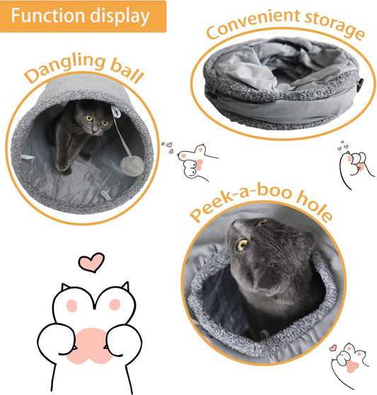 Cat Tunnel for Indoor Cats, 51Ă12 inch Foldable Big Cat Tunnel, Grey Suede Pet Tunnels with Two Peepholes and a Bubble Ball