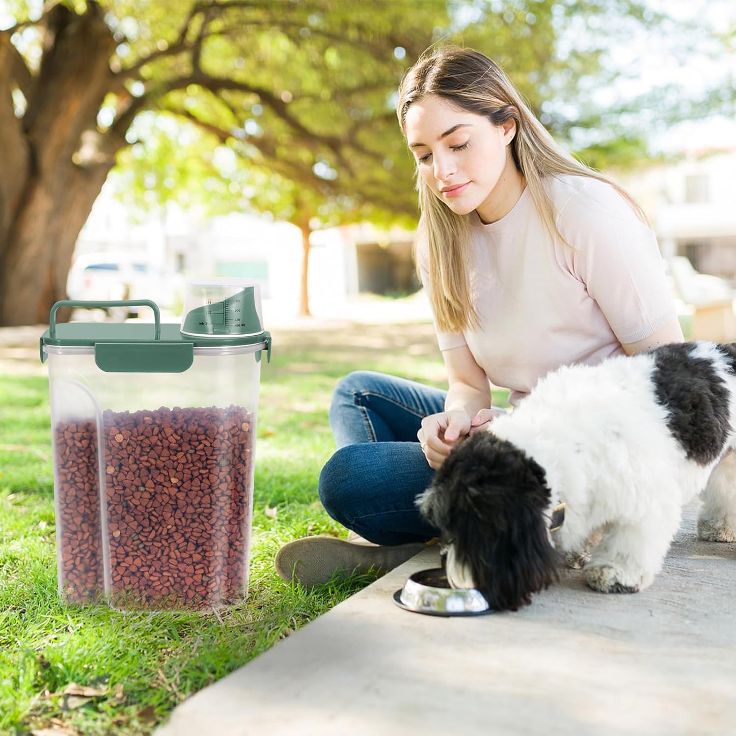 5lbs Cat Dog Storage Container Portable with Upgraded Large Spout and Cup, Plastic Pet Food Dispenser BPA-Free for Small Animal Kibble, Bird Seed, Oatmeal, Rice, Flour, Brown Sugart-2 Set Royal Green