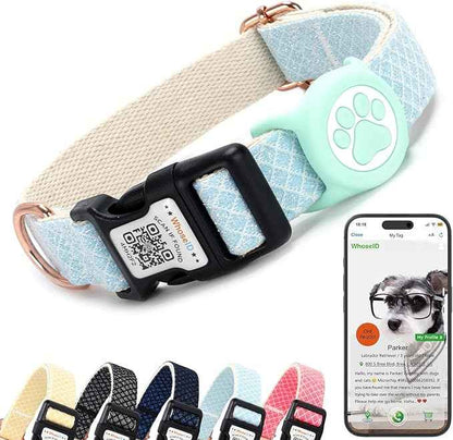 WhoseID Dog Collar with Waterproof AirTag Holder & Anti-Lost QR Code, Cute Bling Warpping Adjustable Width for Small Medium Large Pet (Light Blue, L)