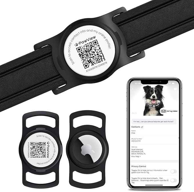for AirTag Dog Collar Holder, Smart QR Code Holder for Cats and Dogs, for AirTag Protective Cases - Scan Alert, Instant Location, Pet Online Profile, Contacts Info (1 Pack, Black)