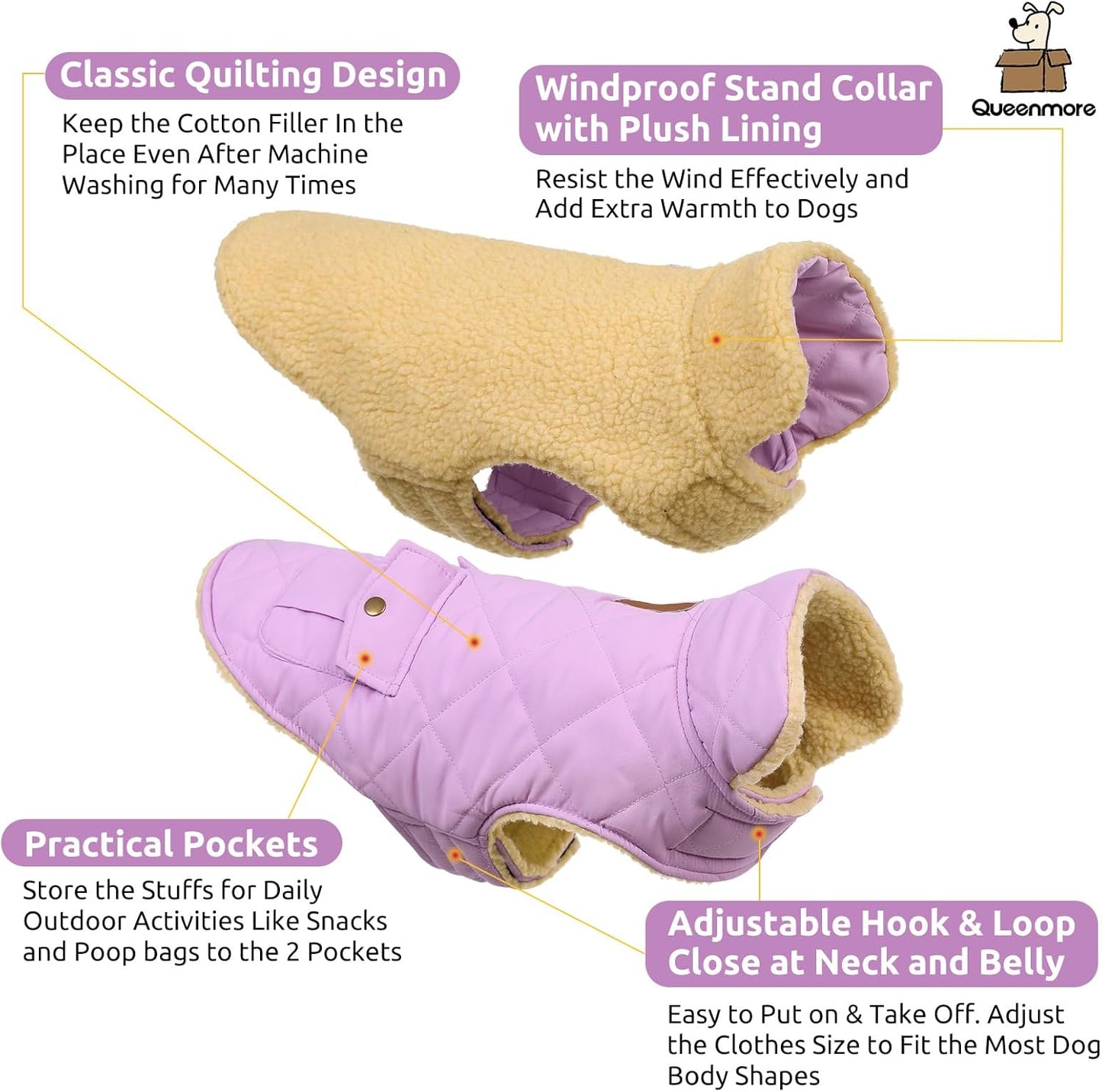 Queenmore Warm Dog Coat, Cold Weather Puffer Dog Coat Vest, Quilting Winter Pet Jacket Ultra Thick Plush Fleece Lining Pet Clothes for Dogs with Storage Pockets (Lilac, X-Small)