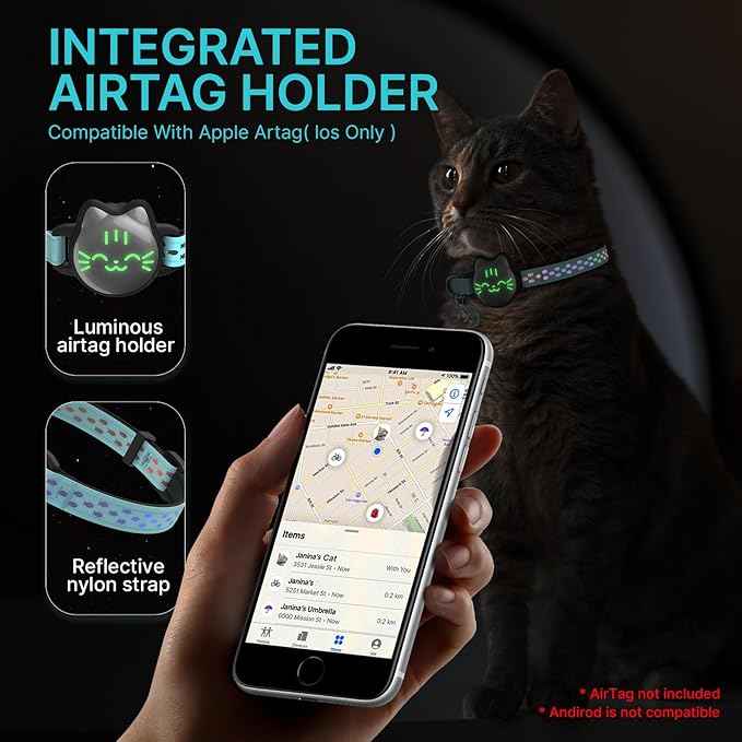 Waterproof Airtag Cat Collar, Breakaway Cat Airtag Collar with Luminous & Reflective Pattern Strap, Lightweight Kitten Collars for Apple Air tag, Hidden Holder for GPS Tracker - Cats, Kittens (9-13")