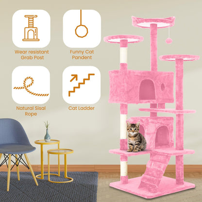 54.7 inches Cat Tower for Indoor Cats, Multi-Level Cat Condos with Scratching Posts, Hanging Toys, Pink
