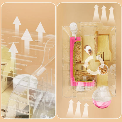 8 in 1 Clear Acrylic Hamster Cage with All Accessories,13.5''L* 10''W* 13''H Dwarf Hamster Cage,Small Hamster Habitat,Garden Style Mouse Cage for Pet Mice,Hamster Enclosure(1-Layer,Pink)