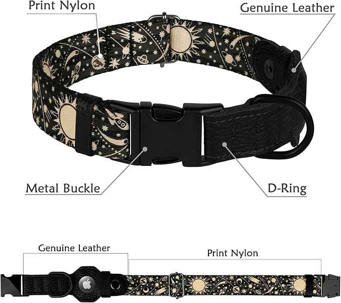 AirTag Dog Collar with Metal Buckle - Printed Nylon Soft Leather Dog Collar with Apple AirTag Holder - Secure Tracking GPS Pet Collars for Girl Boy Small Large Dogs (L, 17"-21" Neck Fit, Space)