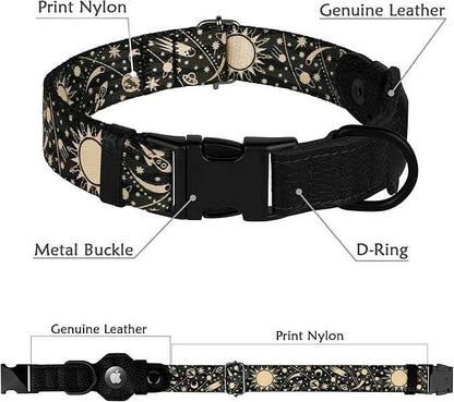AirTag Dog Collar with Metal Buckle - Printed Nylon Soft Leather Dog Collar with Apple AirTag Holder - Secure Tracking GPS Pet Collars for Girl Boy Small Large Dogs (M, 14"-18" Neck Fit, Space)