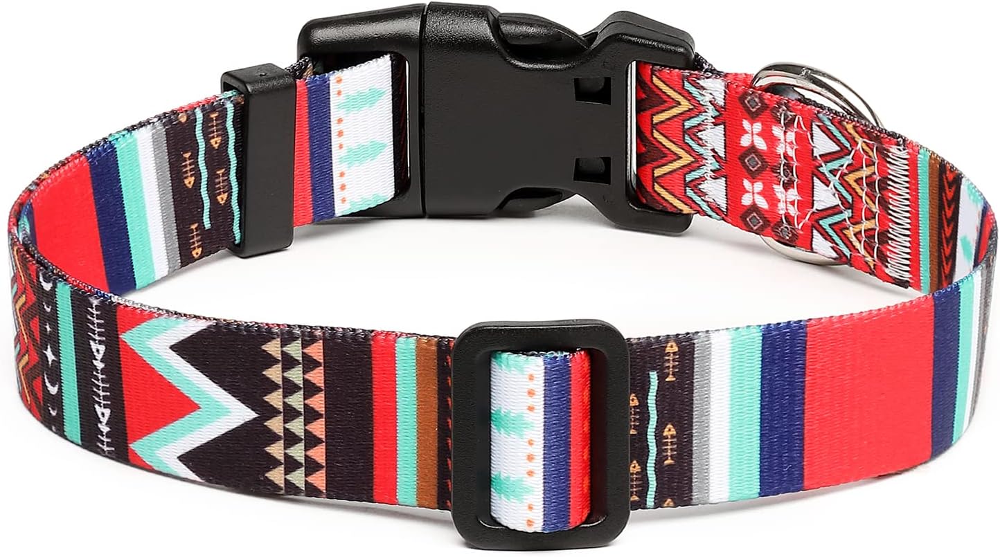 Mercano Adjustable Dog Collar - Special Design Patterns, Soft Nylon Comfortable Sturdy Pet Collar for Small Medium Large Dogs (M, Tribal Red)