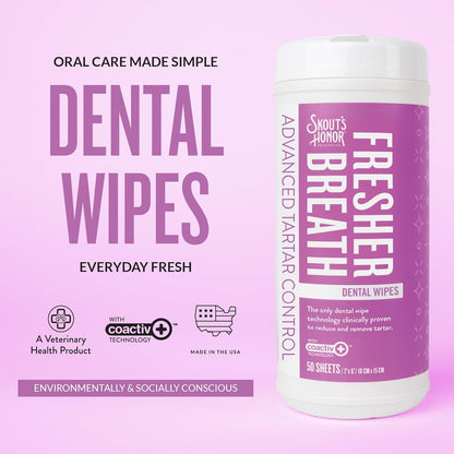SKOUT'S HONOR Pet Dental Wipes - Fights Plaque and Tartar, Freshens Breath Fast, No Brushing Required, 50 Sheets, 2-Pack