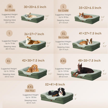 EHEYCIGA Memory Foam Dog Bed for Large Sized, Orthopedic Dog Sofa with Sides and Waterproof Liner, Washable Bolster Pet Couch with Removable Cover, 36x27x7 Inch, Green