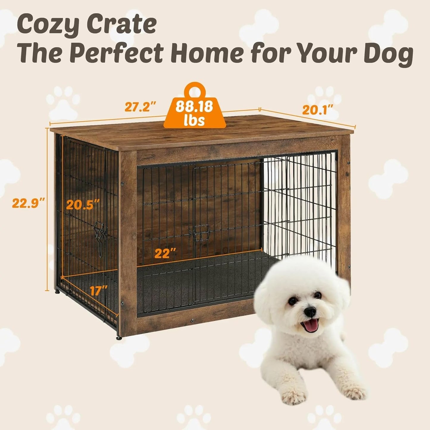 Dog Kennel Furniture, Wooden Dog Crate End Table, Heavy Duty Dog Crate, Decorative Pet Crate Dog Cage for Large Indoor Use (Rustic Brown) 27" L×20" W×23" H