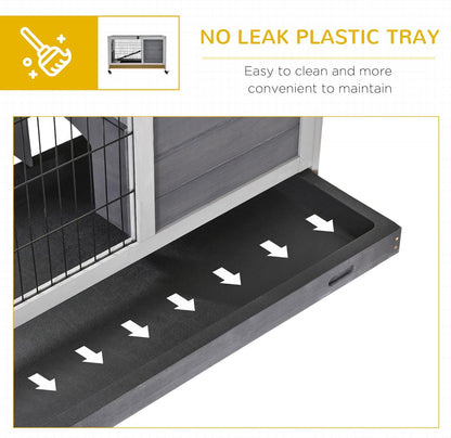 PawHut Wooden Rabbit Hutch Indoor Outdoor, Elevated Bunny Cage with No Leak Tray Enclosed Run with Wheels, Ideal for Guinea Pigs and Small Animals, Gray