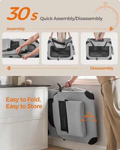 Feandrea 36 Inches Collapsible Soft Dog Crate, Portable Travel Dog Crate for Indoor and Outdoor Use, Dog Carrier Kennel with Safety Zippers, for Living Room, Car, Travelling, Smoke Gray UPDC090G02