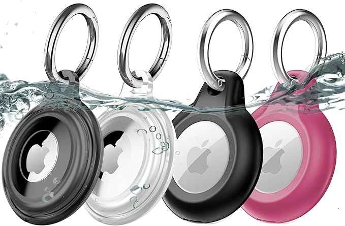 4 Pack IPX8 Waterproof Compatible with AirTag Keychain Holder Case, Lightweight, Anti-Scratch, Easy Installation,Soft Full-Body Shockproof for Luggage,Keys, Dog Collar (Black+Clear+Black+Pink)