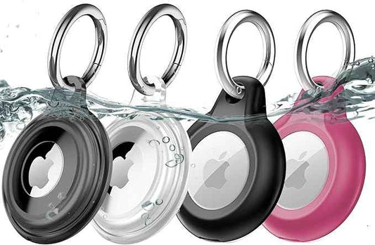 4 Pack IPX8 Waterproof Compatible with AirTag Keychain Holder Case, Lightweight, Anti-Scratch, Easy Installation,Soft Full-Body Shockproof for Luggage,Keys, Dog Collar (Black+Clear+Black+Pink)