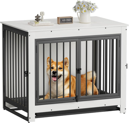 Dog Crate Furniture, Dog Crate End Table for Medium and Large Dogs,Wooden Cage Kennel Furniture Indoor, Modern Dog Crate with Multi-Purpose Removable Tray, Double-Doors Dog Furniture, White