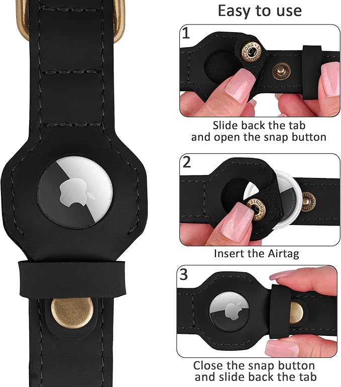 AirTag Dog Collar - Genuine Leather Dog Collar with Apple AirTag Holder and Metal Buckle - Smart GPS Tracking Pet Collars (Black, L, 17"-21" Neck Fit)