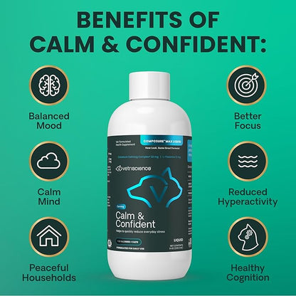 VetriScience Calm & Confident Liquid, Composure Calming and Anxiety Supplement for Dogs and Cats, Reduce Stress and Fear, Ideal for Thunderstorms, Fireworks, Vet & Routine Changes, Unflavored, 8 oz