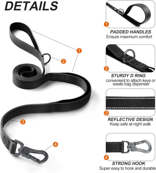 TwoEar 4FT 1IN Strong Black Dog Leash with 2 Padded Handles, Traffic Handle Extra Control, Comfortable Soft Dual Handle, Auto Lock Hook, Reflective Walking Lead for Small Medium and Large Dogs